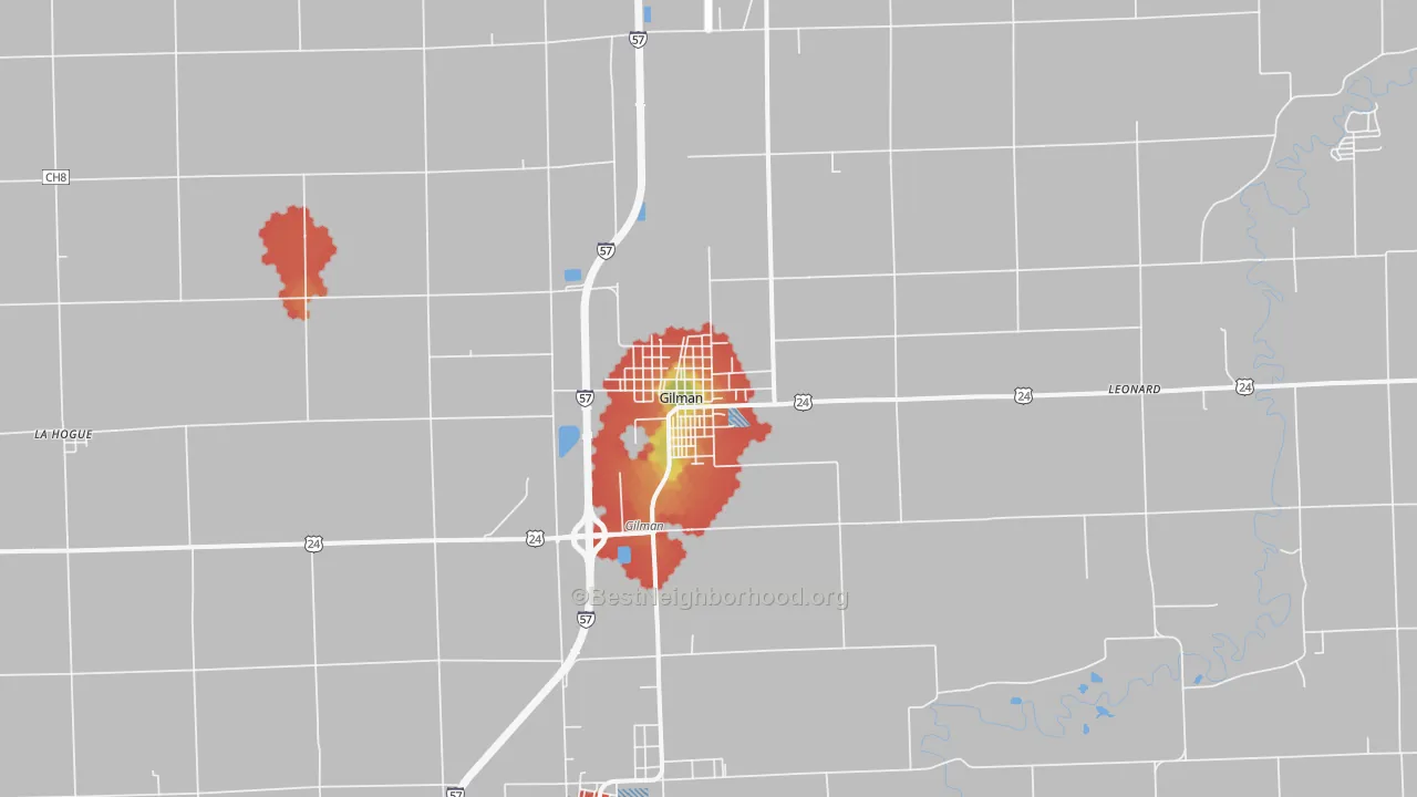 Walk Grade map of 60938, IL, walkable areas in green and car-dependent areas in red