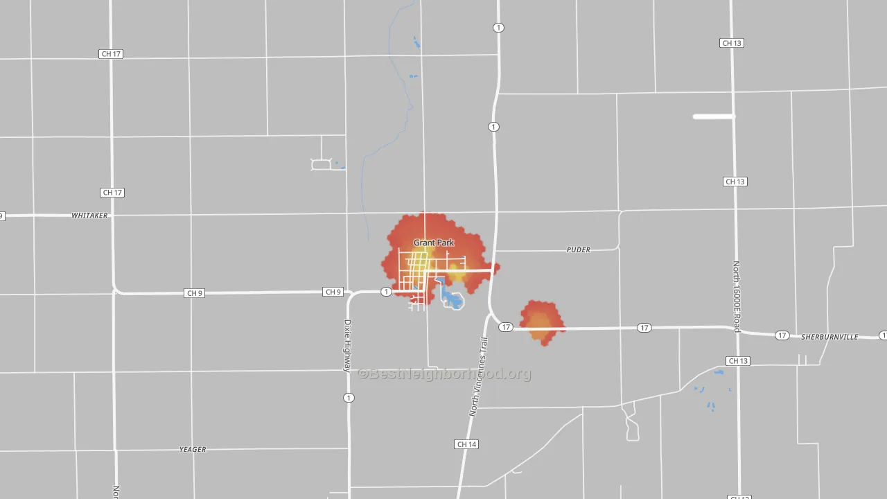 Walk Grade map of 60940, IL, walkable areas in green and car-dependent areas in red