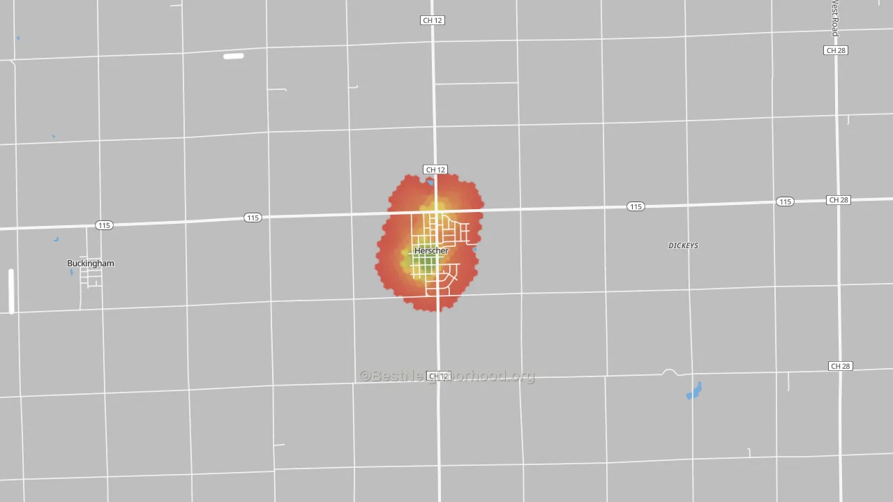 Walk Grade map of 60941, IL, walkable areas in green and car-dependent areas in red