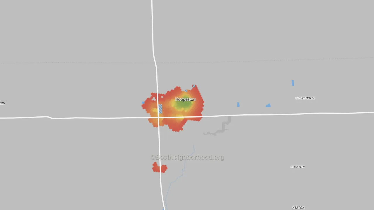 Walk Grade map of 60942, IL, walkable areas in green and car-dependent areas in red