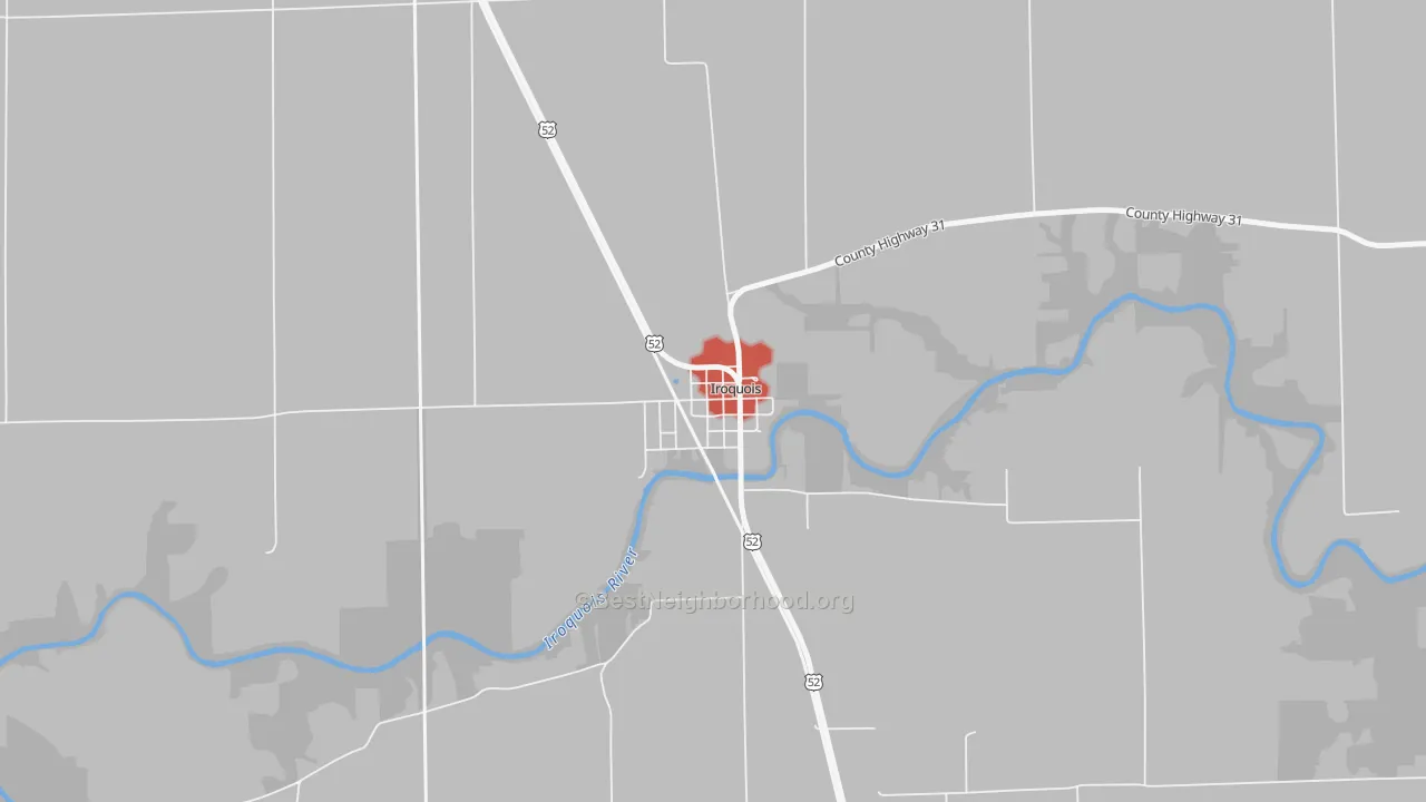 Walk Grade map of 60945, IL, walkable areas in green and car-dependent areas in red