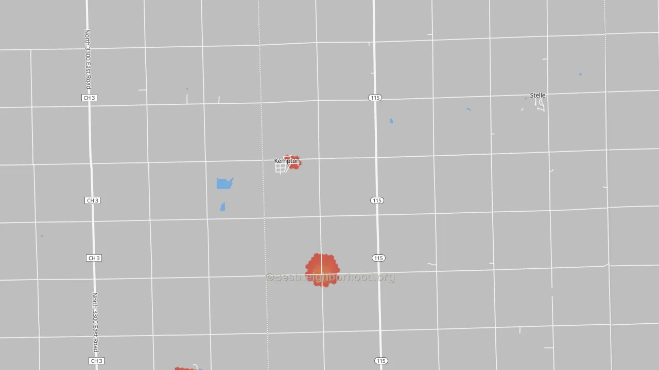 Walk Grade map of 60946, IL, walkable areas in green and car-dependent areas in red