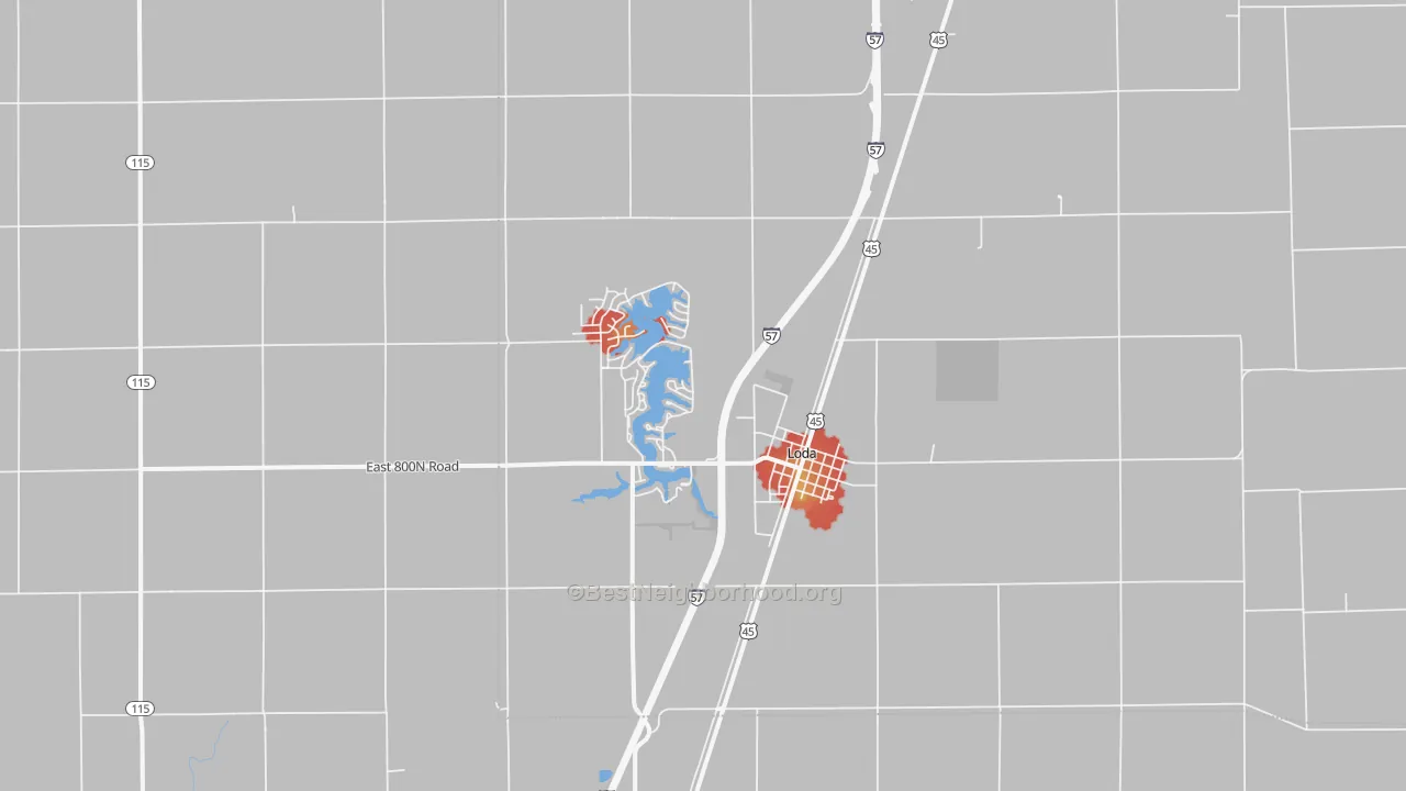 Walk Grade map of 60948, IL, walkable areas in green and car-dependent areas in red