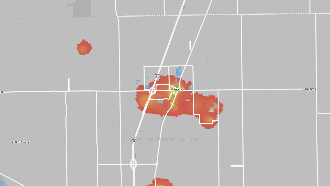 Walk Grade map of 60950, IL, walkable areas in green and car-dependent areas in red