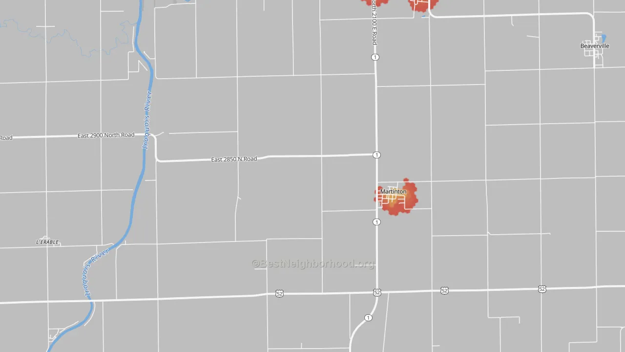 Walk Grade map of 60951, IL, walkable areas in green and car-dependent areas in red