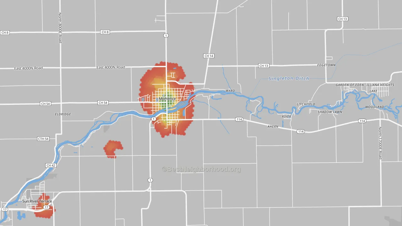 Walk Grade map of 60954, IL, walkable areas in green and car-dependent areas in red
