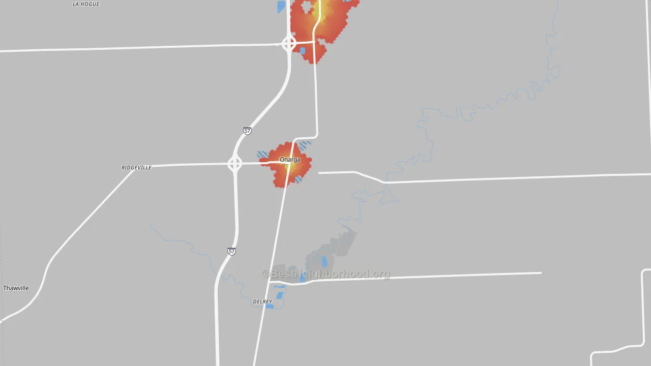 Walk Grade map of 60955, IL, walkable areas in green and car-dependent areas in red