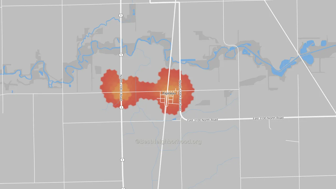 Walk Grade map of 60956, IL, walkable areas in green and car-dependent areas in red