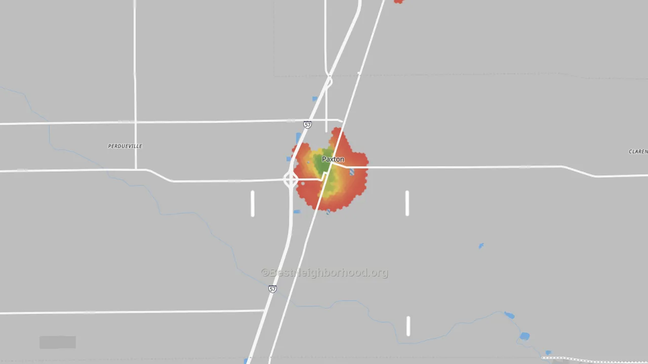 Walk Grade map of 60957, IL, walkable areas in green and car-dependent areas in red