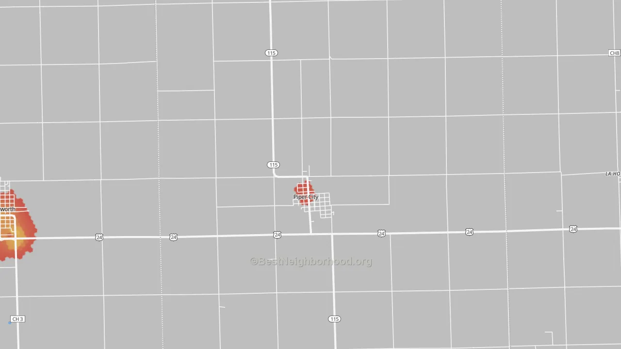 Walk Grade map of 60959, IL, walkable areas in green and car-dependent areas in red
