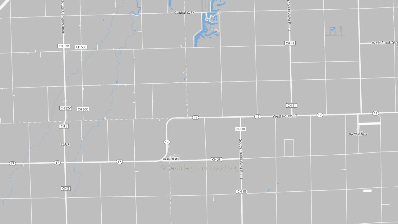 Walk Grade map of 60961, IL, walkable areas in green and car-dependent areas in red