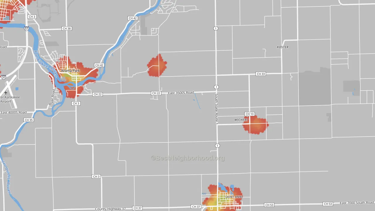 Walk Grade map of 60964, IL, walkable areas in green and car-dependent areas in red
