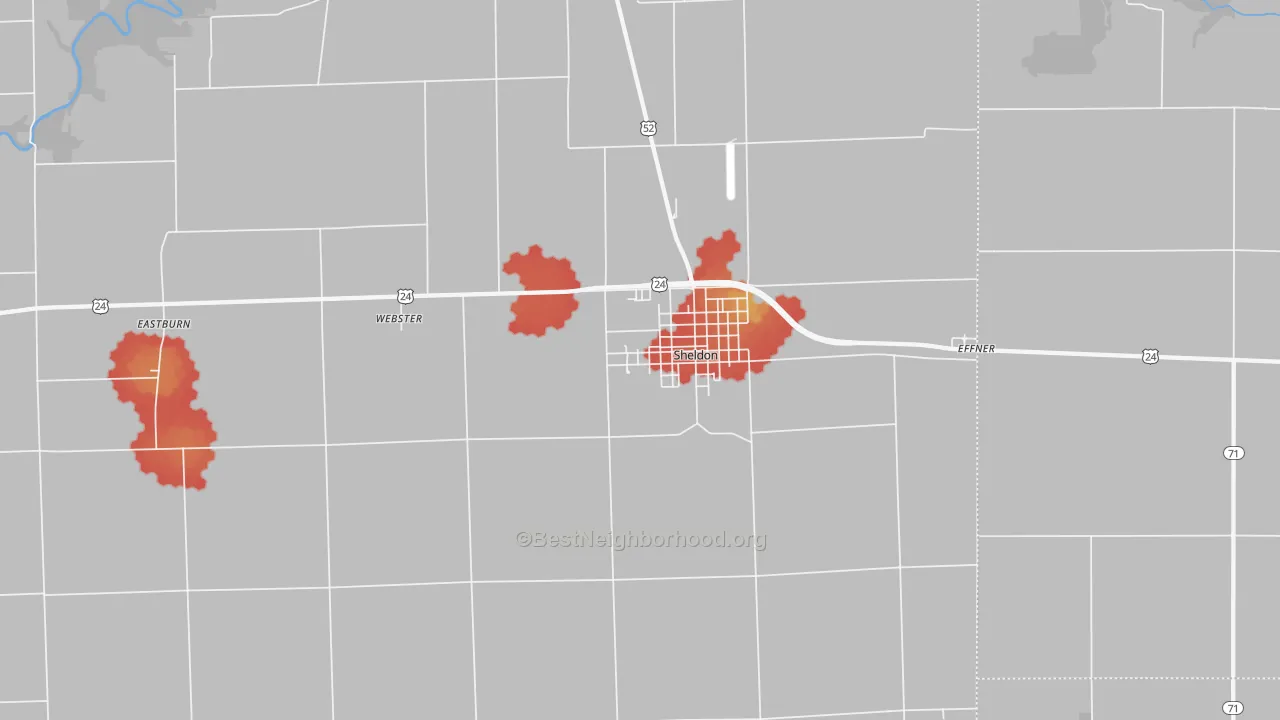 Walk Grade map of 60966, IL, walkable areas in green and car-dependent areas in red
