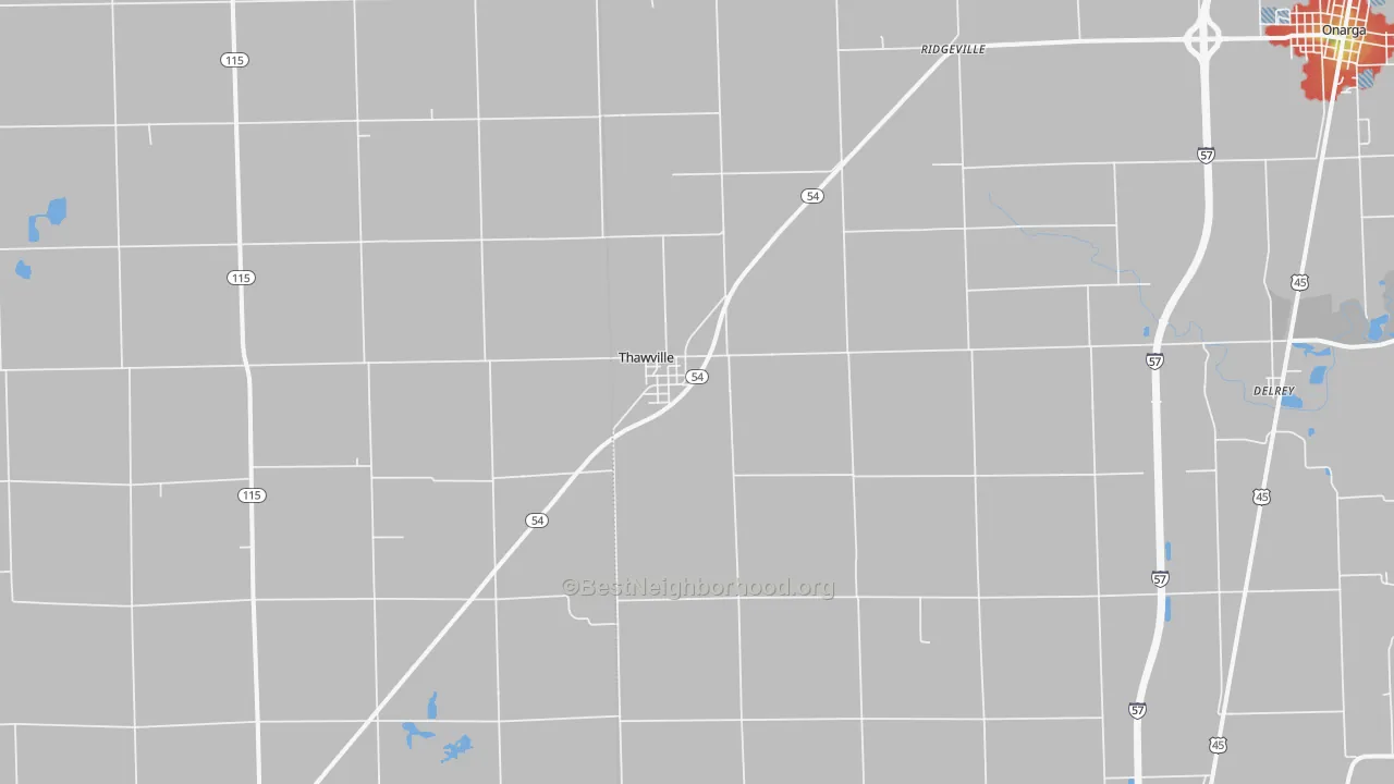 Walk Grade map of 60968, IL, walkable areas in green and car-dependent areas in red