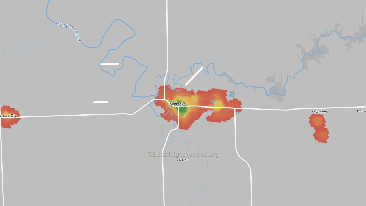Walk Grade map of 60970, IL, walkable areas in green and car-dependent areas in red