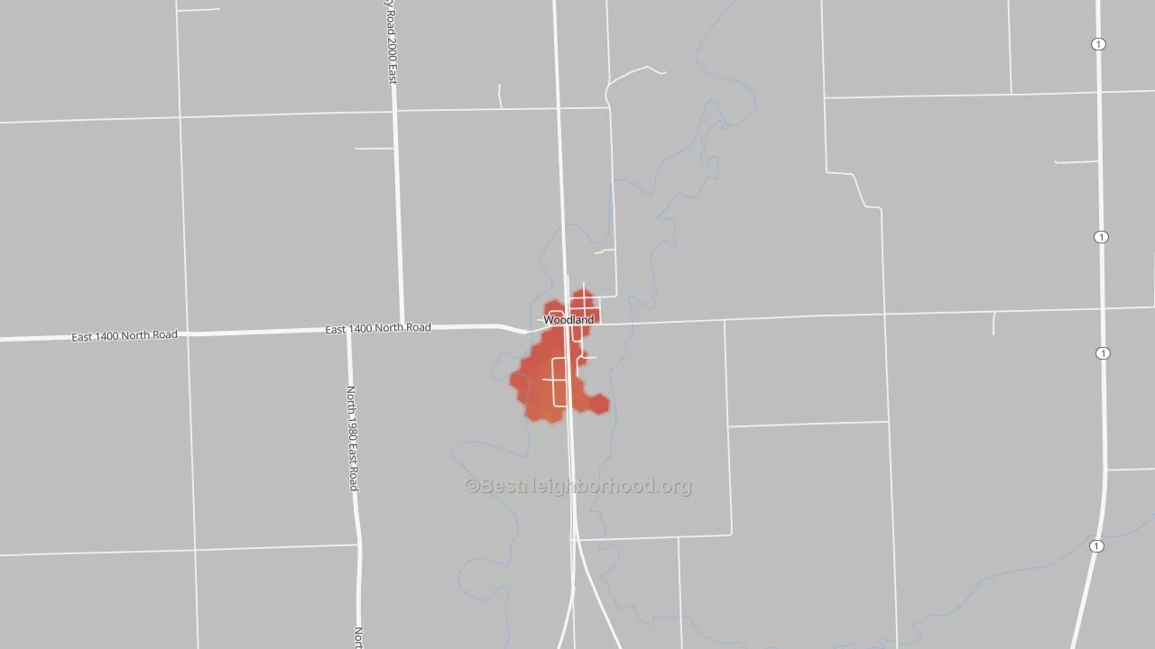 Walk Grade map of 60974, IL, walkable areas in green and car-dependent areas in red
