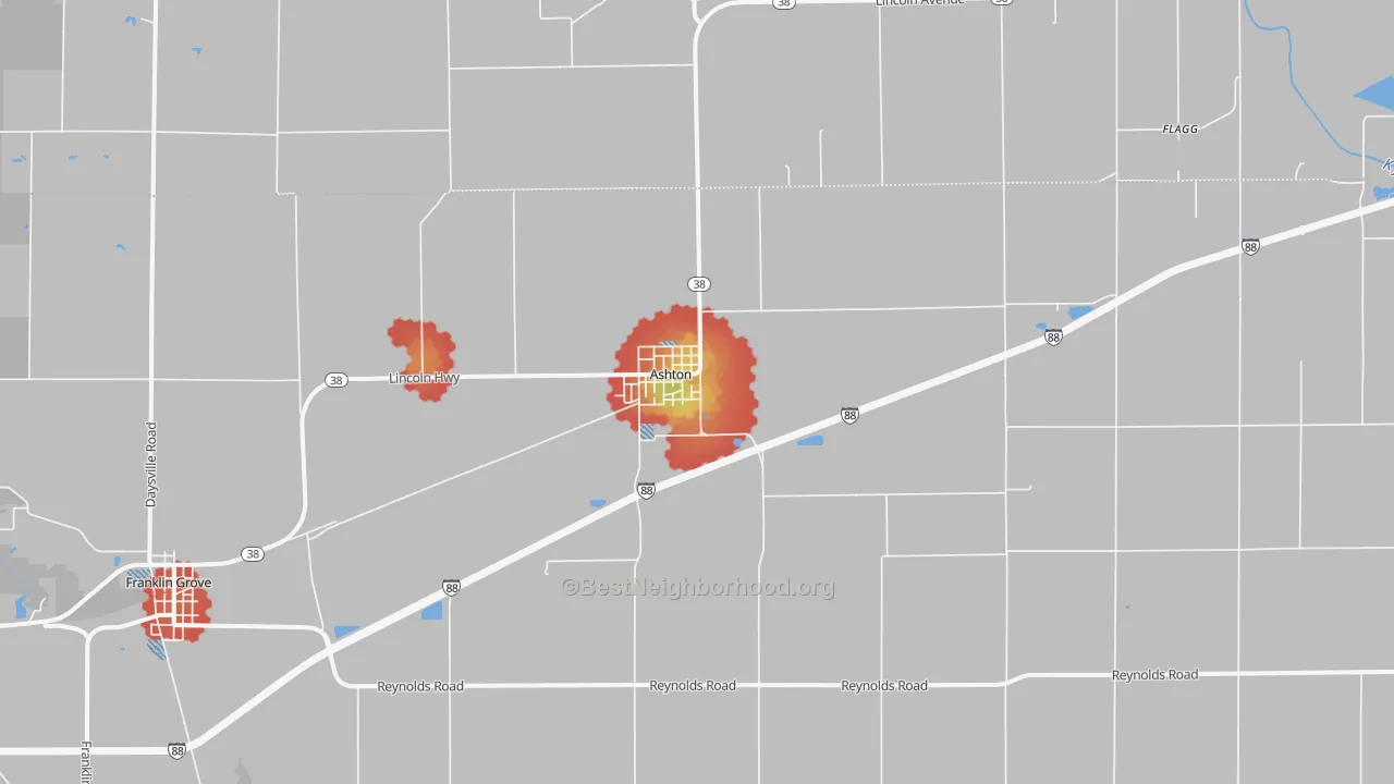 Walk Grade map of 61006, IL, walkable areas in green and car-dependent areas in red