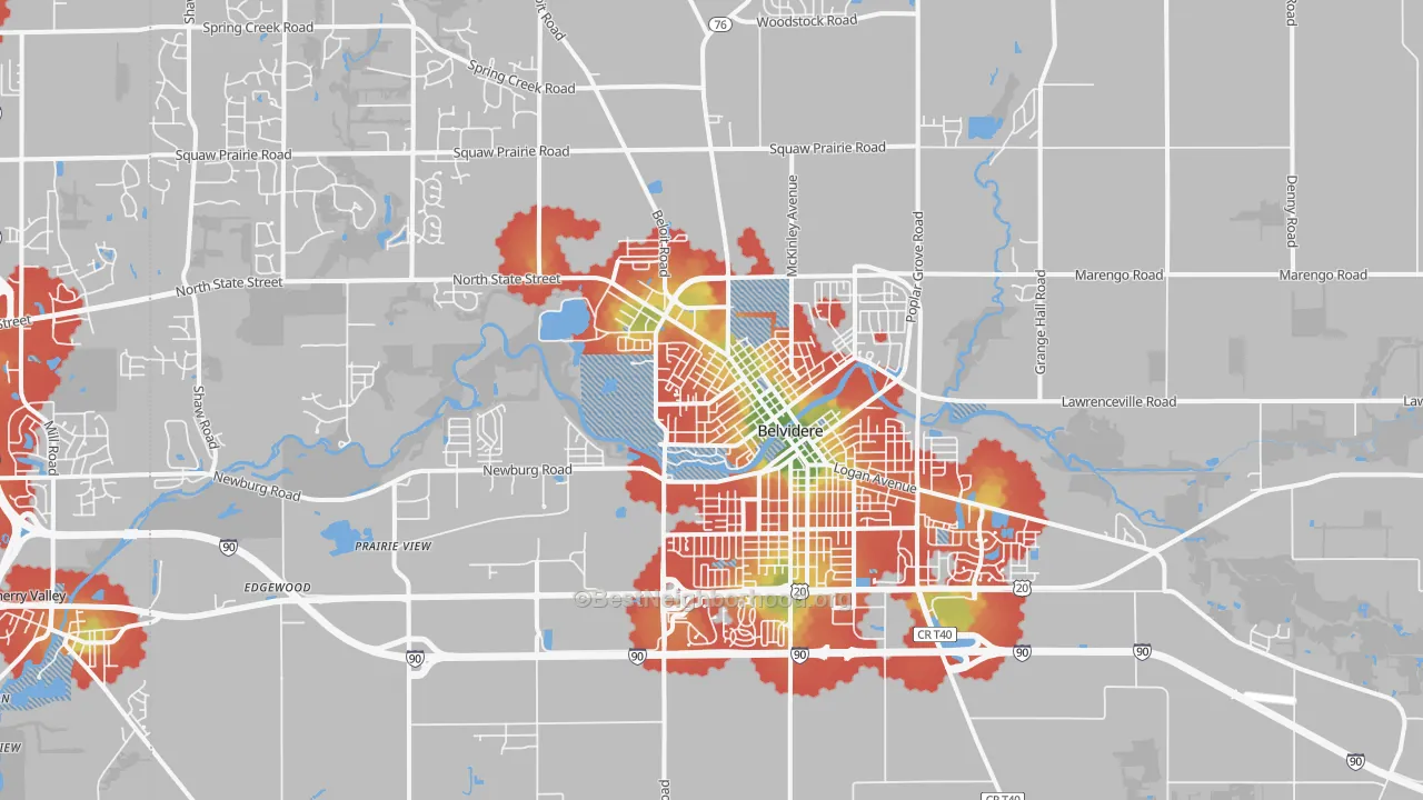 Walk Grade map of 61008, IL, walkable areas in green and car-dependent areas in red