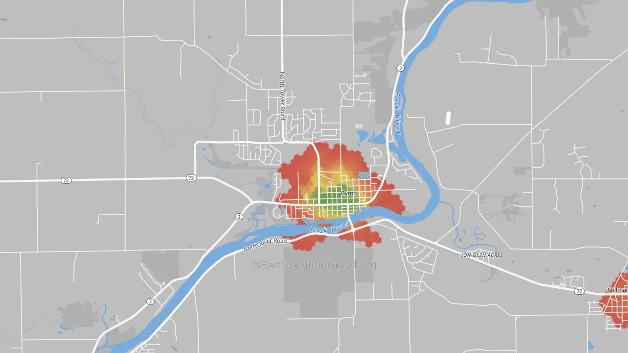 Walk Grade map of 61010, IL, walkable areas in green and car-dependent areas in red