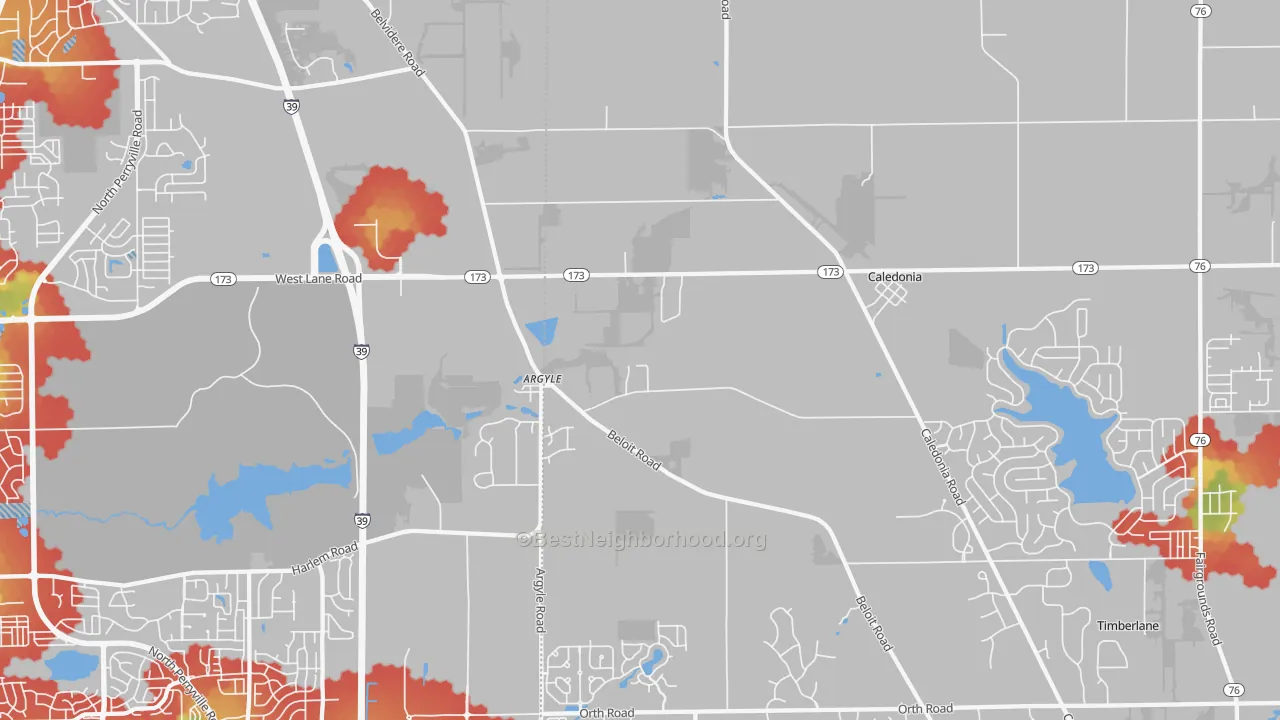 Walk Grade map of 61011, IL, walkable areas in green and car-dependent areas in red