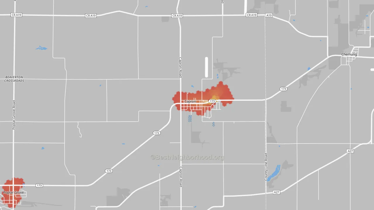 Walk Grade map of 61012, IL, walkable areas in green and car-dependent areas in red