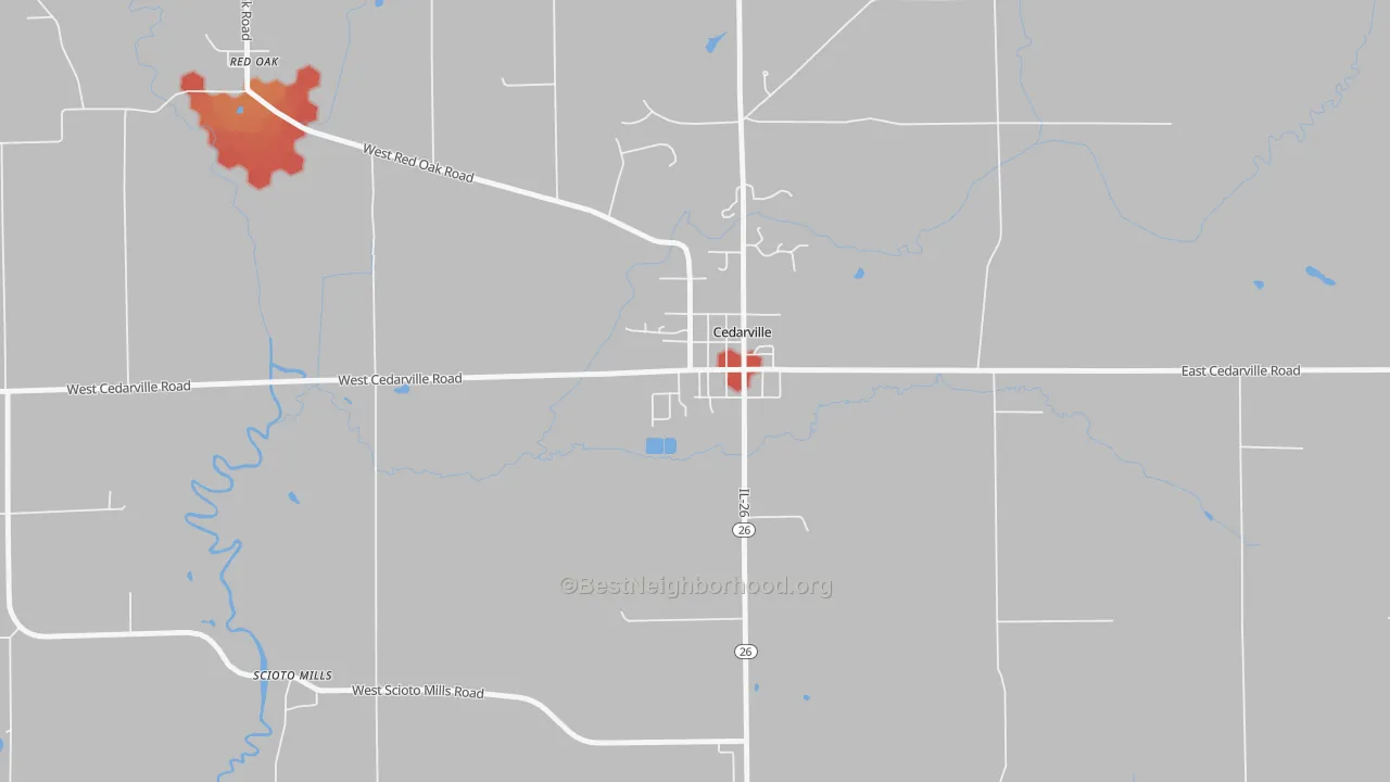 Walk Grade map of 61013, IL, walkable areas in green and car-dependent areas in red