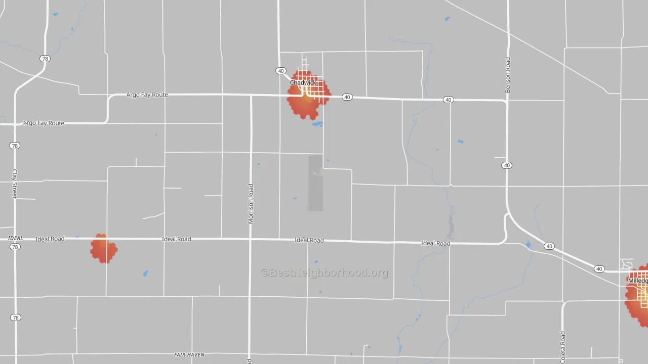 Walk Grade map of 61014, IL, walkable areas in green and car-dependent areas in red