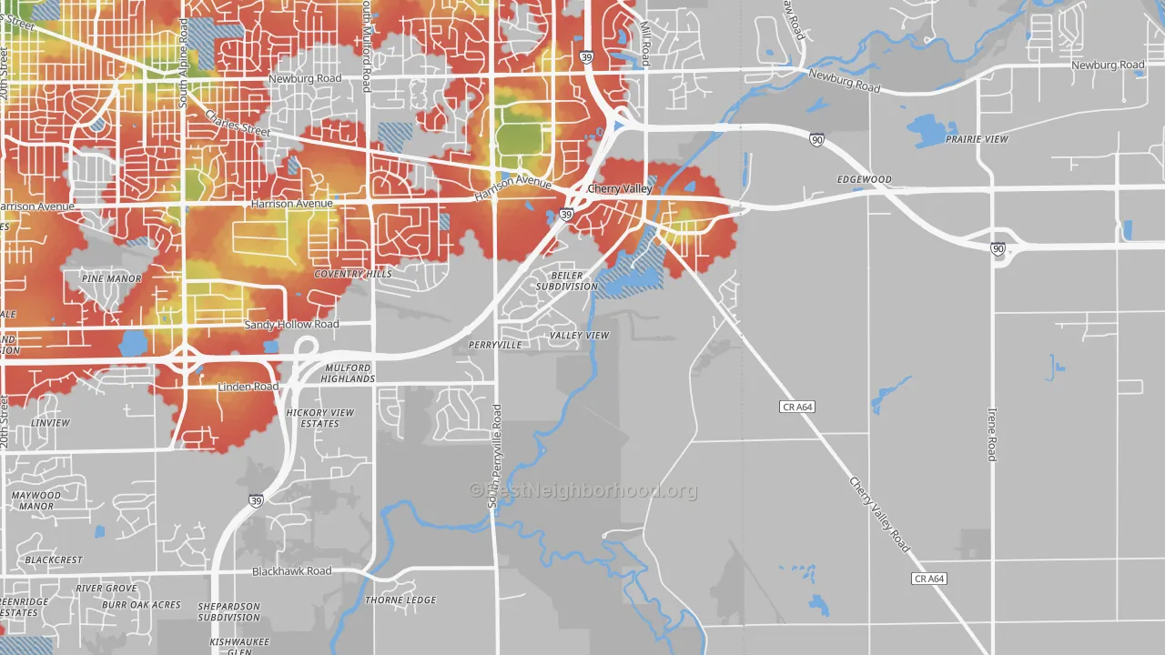 Walk Grade map of 61016, IL, walkable areas in green and car-dependent areas in red