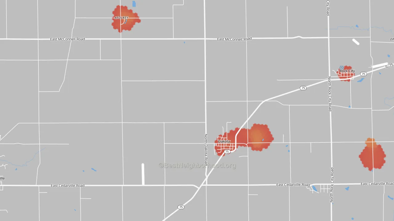Walk Grade map of 61018, IL, walkable areas in green and car-dependent areas in red