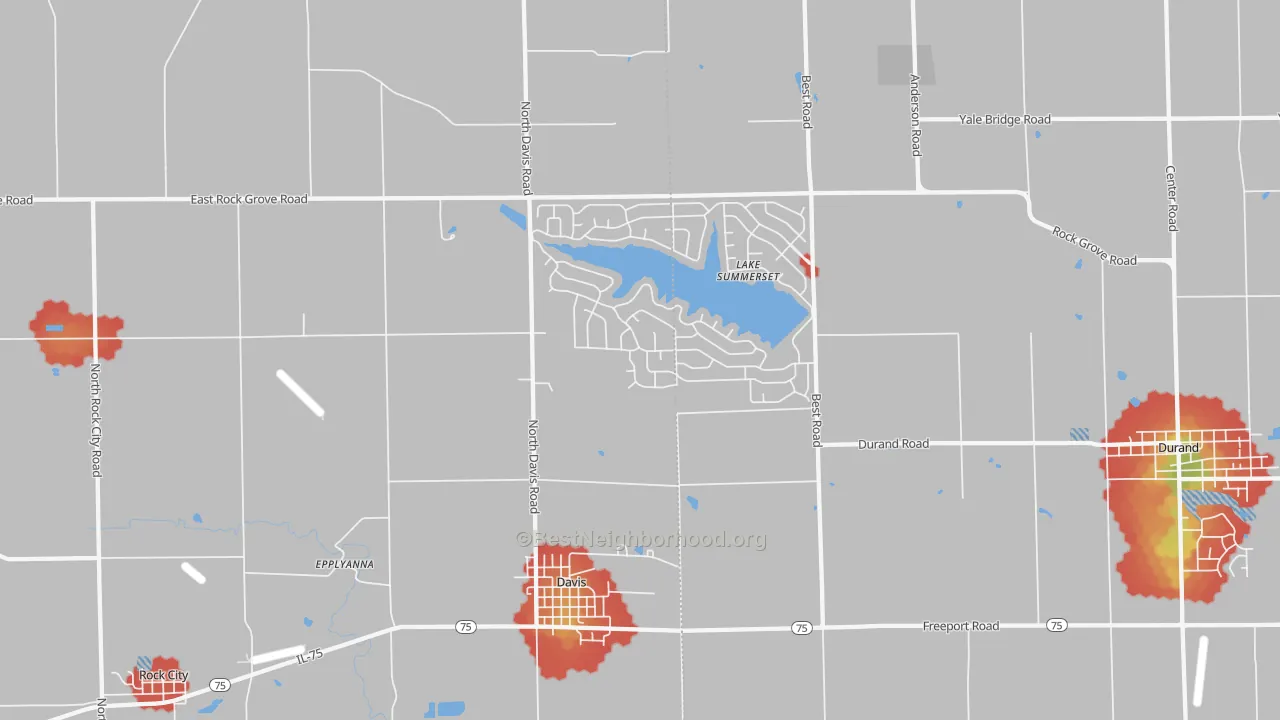 Walk Grade map of 61019, IL, walkable areas in green and car-dependent areas in red