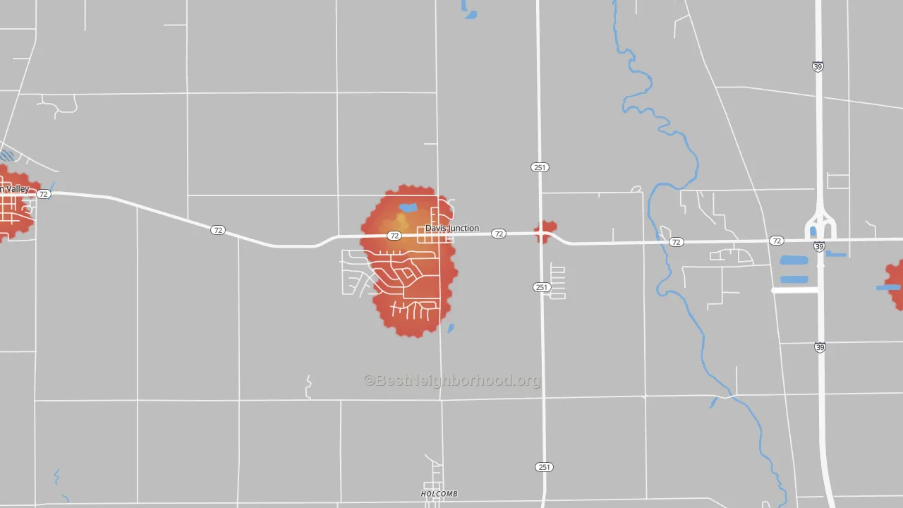 Walk Grade map of 61020, IL, walkable areas in green and car-dependent areas in red