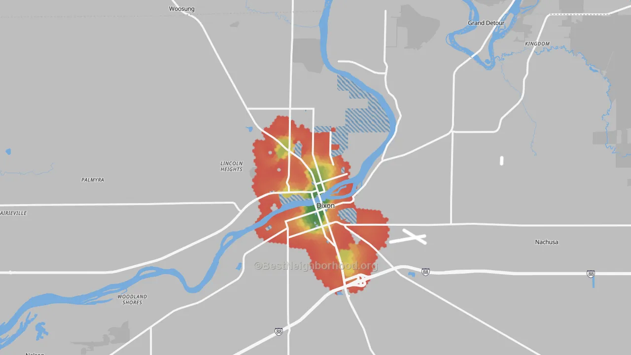 Walk Grade map of 61021, IL, walkable areas in green and car-dependent areas in red
