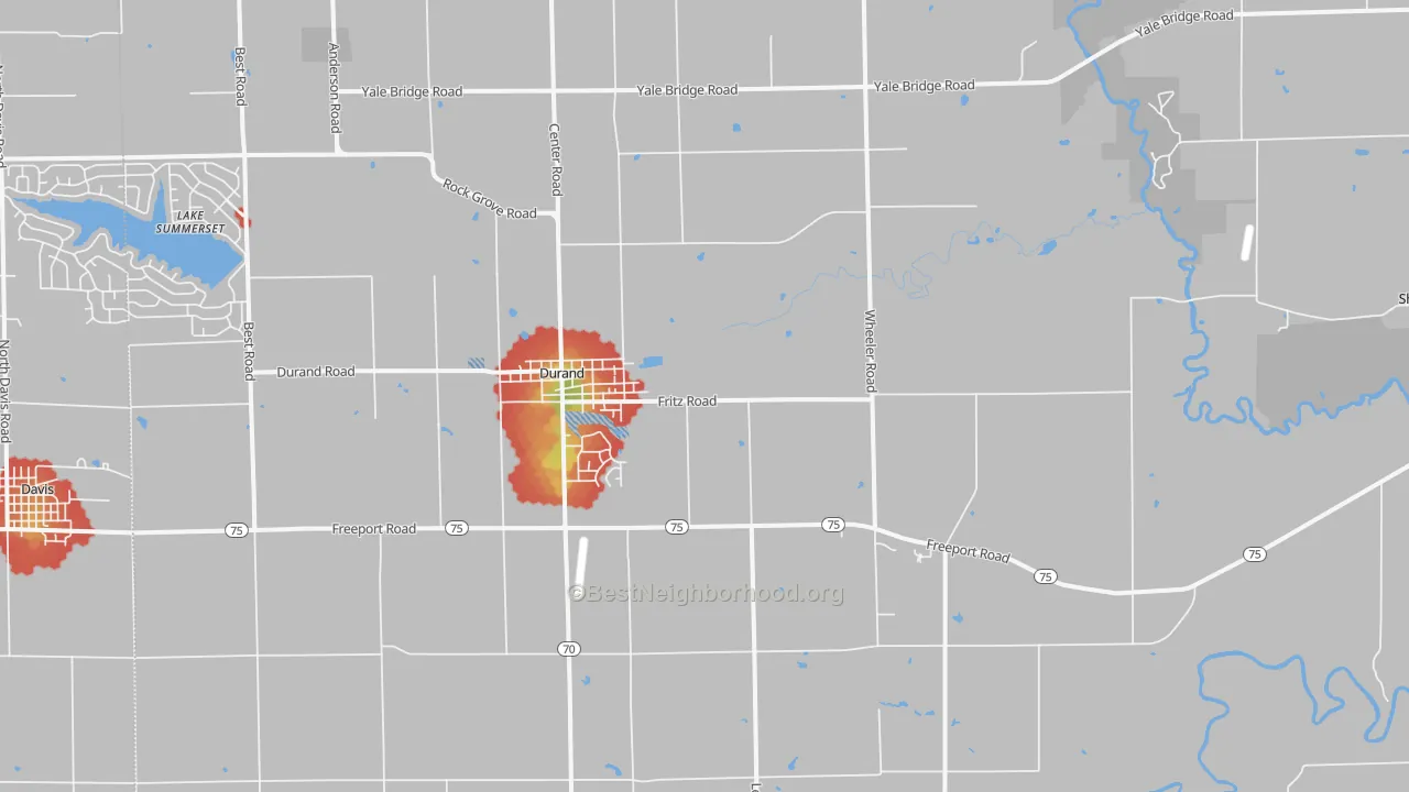 Walk Grade map of 61024, IL, walkable areas in green and car-dependent areas in red