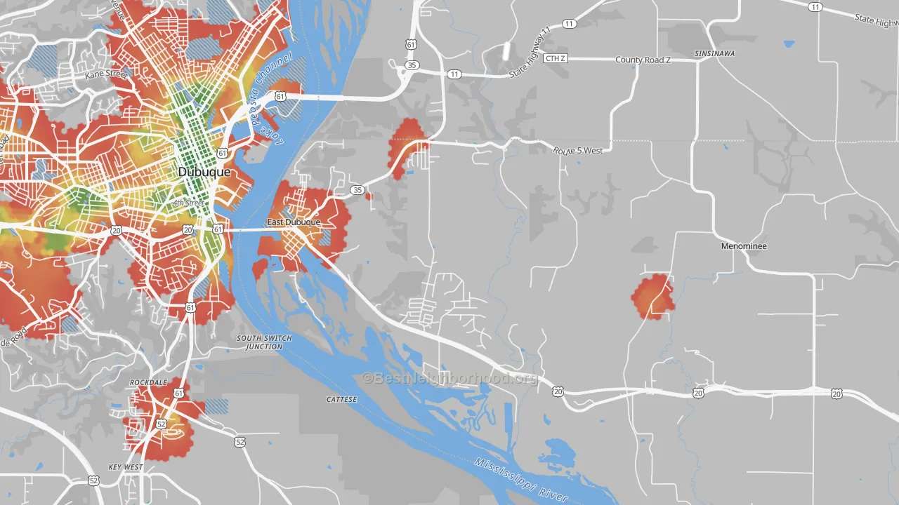 Walk Grade map of 61025, IL, walkable areas in green and car-dependent areas in red