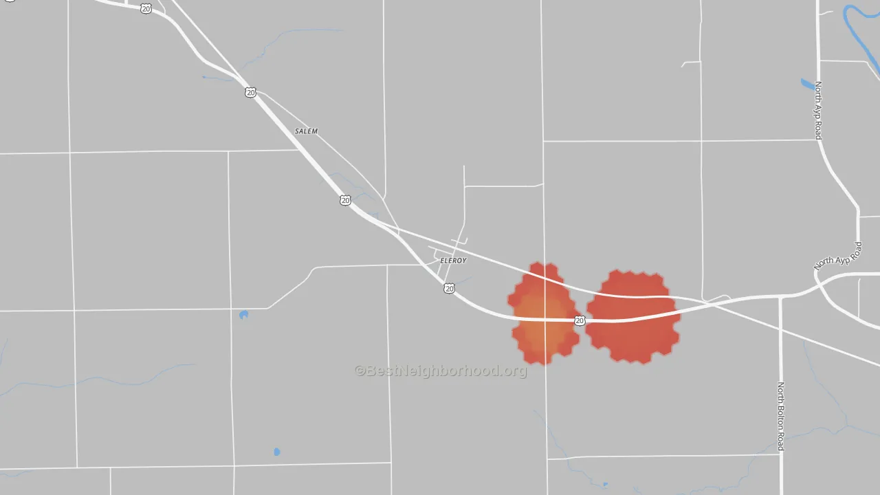 Walk Grade map of 61027, IL, walkable areas in green and car-dependent areas in red
