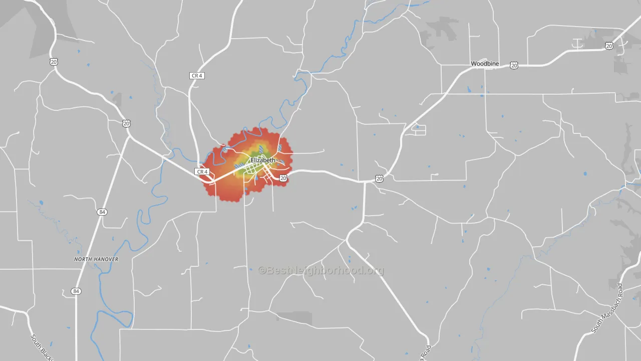 Walk Grade map of 61028, IL, walkable areas in green and car-dependent areas in red