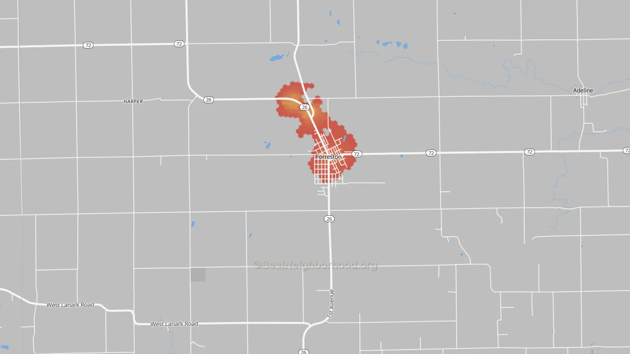 Walk Grade map of 61030, IL, walkable areas in green and car-dependent areas in red