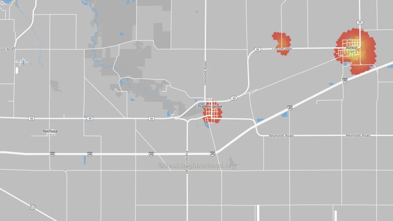 Walk Grade map of 61031, IL, walkable areas in green and car-dependent areas in red