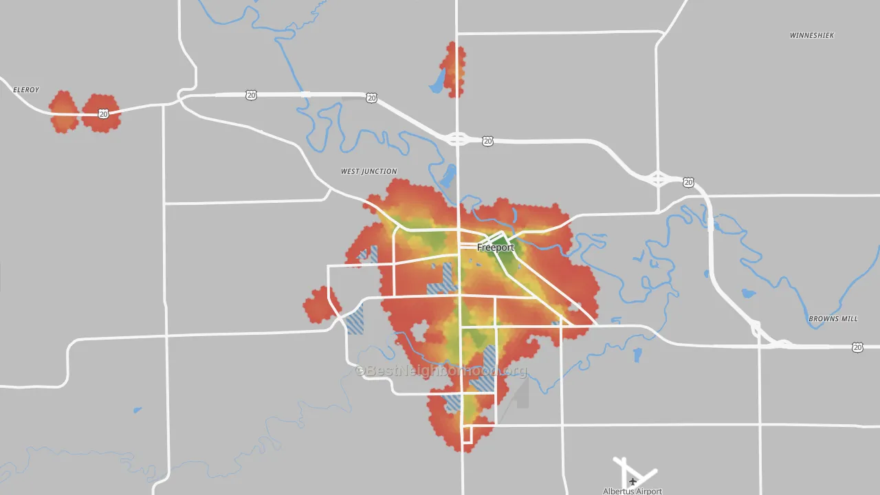 Walk Grade map of 61032, IL, walkable areas in green and car-dependent areas in red
