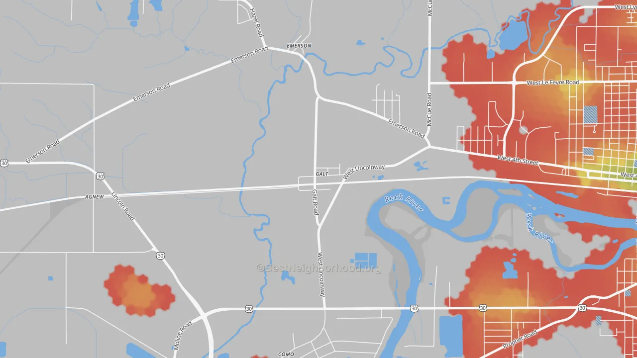 Walk Grade map of 61037, IL, walkable areas in green and car-dependent areas in red