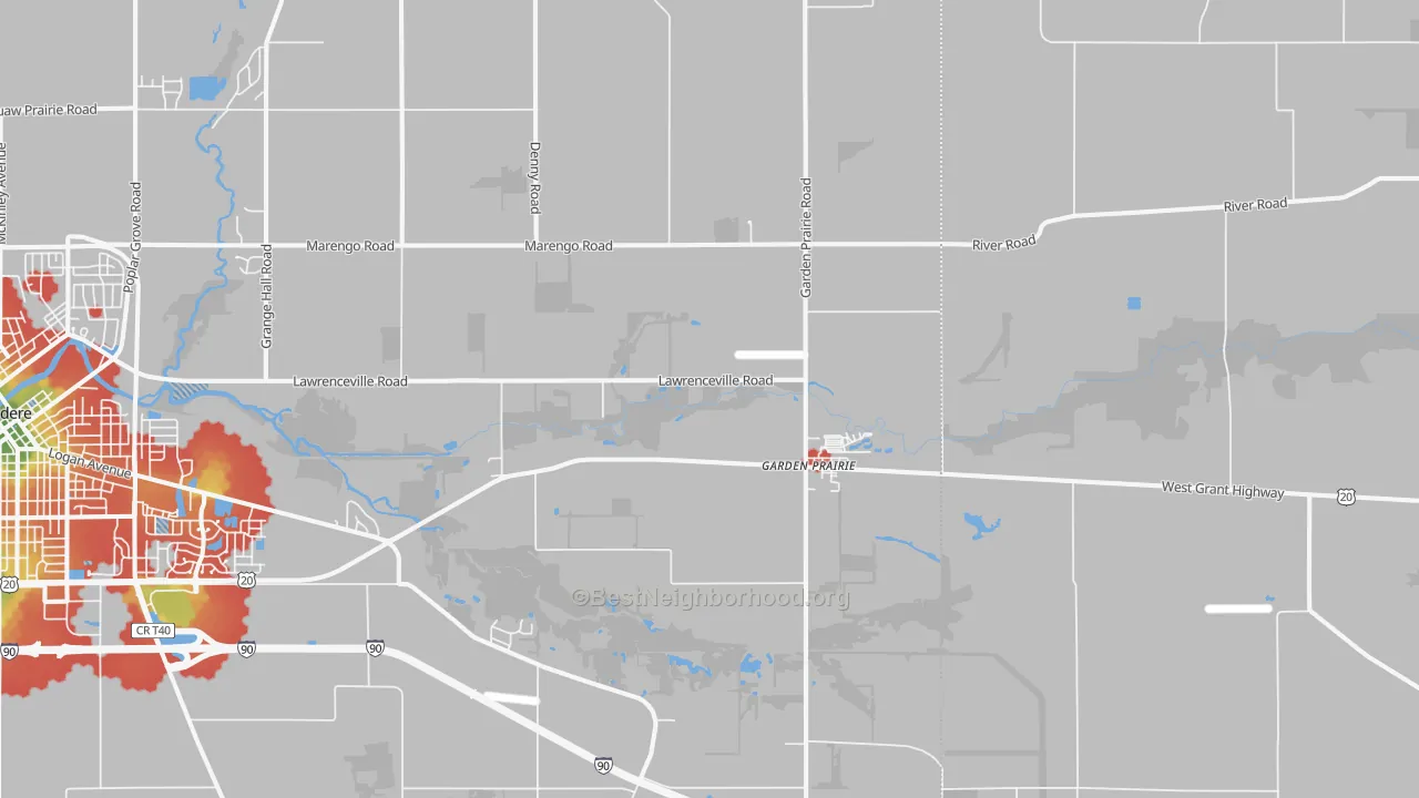 Walk Grade map of 61038, IL, walkable areas in green and car-dependent areas in red