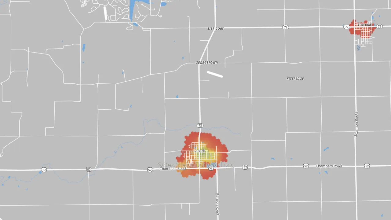 Walk Grade map of 61046, IL, walkable areas in green and car-dependent areas in red