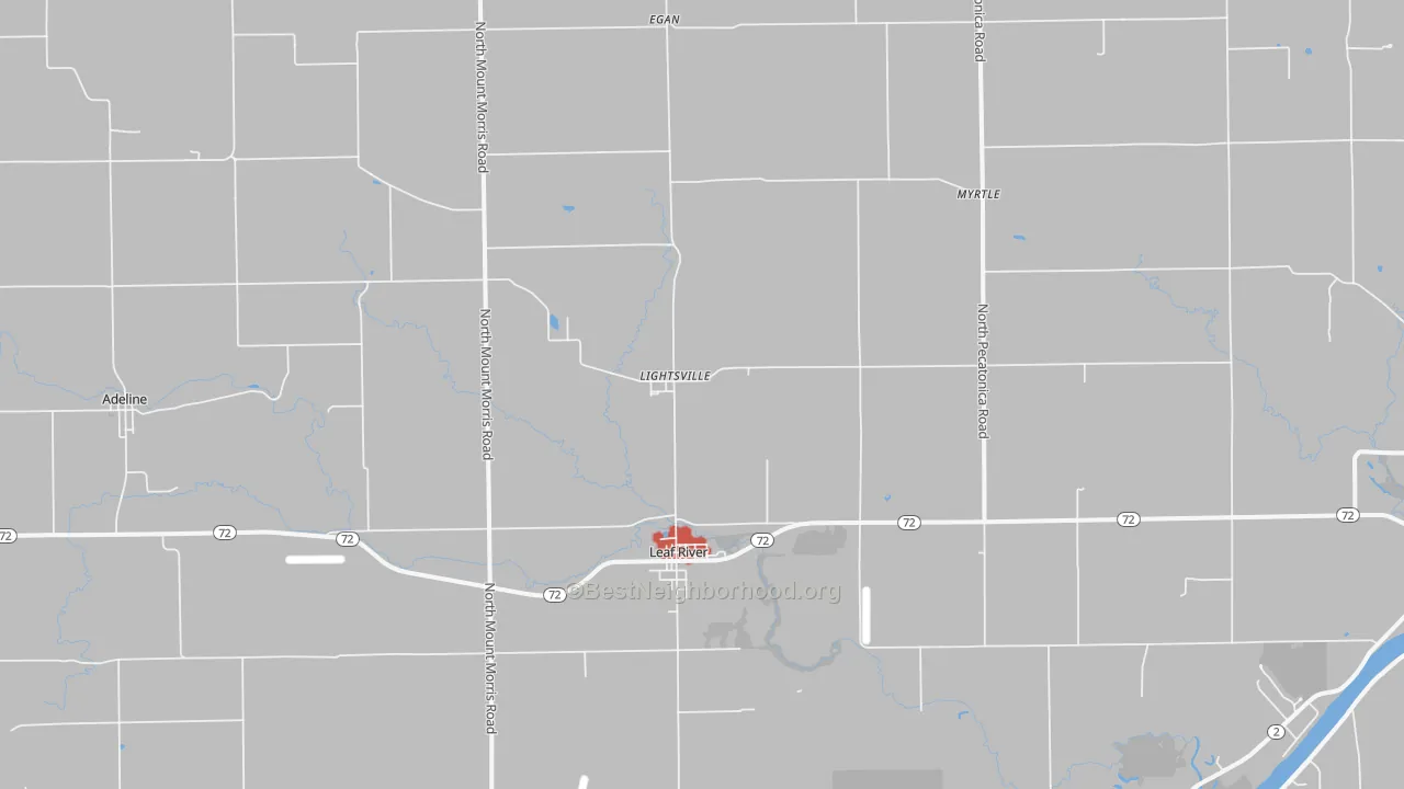Walk Grade map of 61047, IL, walkable areas in green and car-dependent areas in red