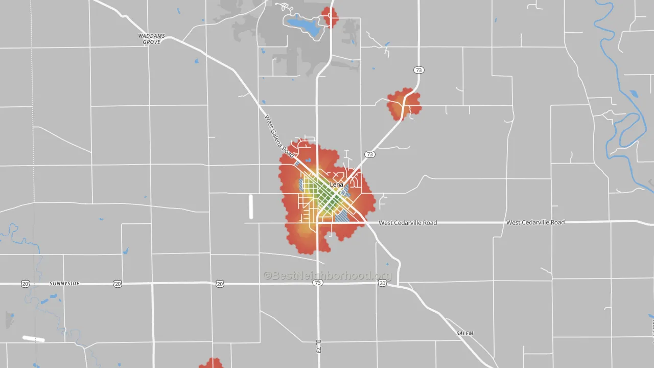 Walk Grade map of 61048, IL, walkable areas in green and car-dependent areas in red