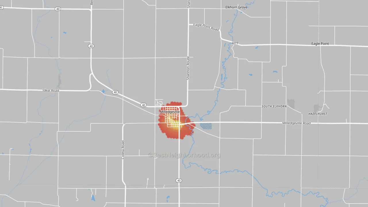 Walk Grade map of 61051, IL, walkable areas in green and car-dependent areas in red