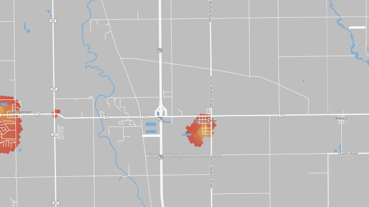 Walk Grade map of 61052, IL, walkable areas in green and car-dependent areas in red