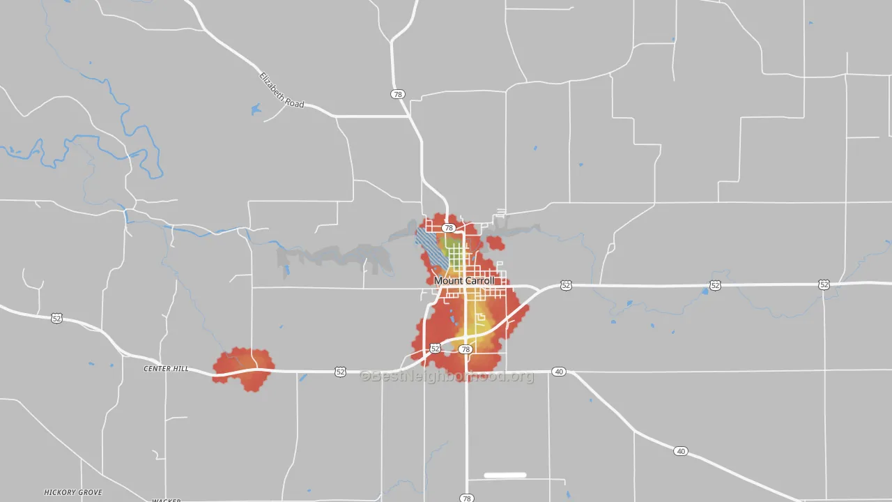 Walk Grade map of 61053, IL, walkable areas in green and car-dependent areas in red