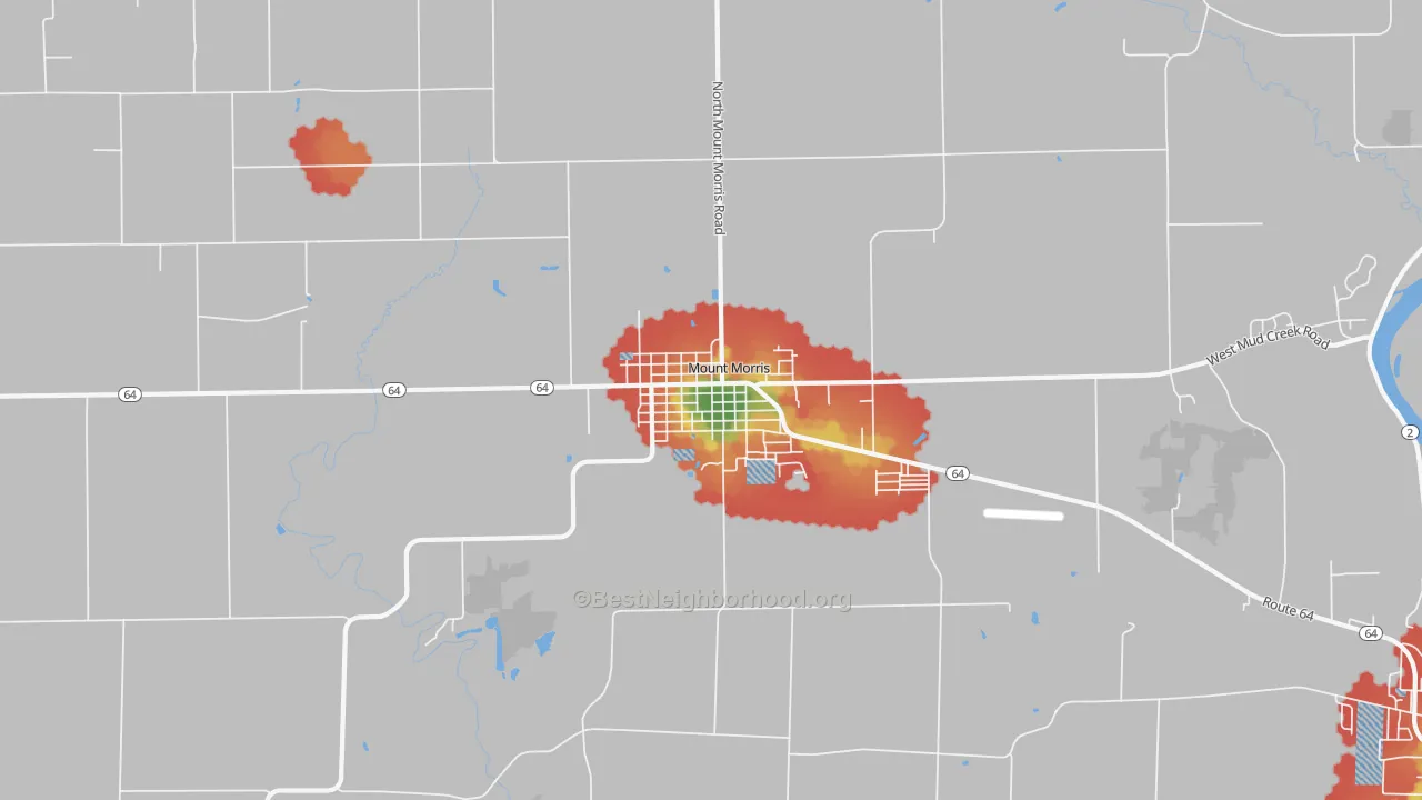 Walk Grade map of 61054, IL, walkable areas in green and car-dependent areas in red