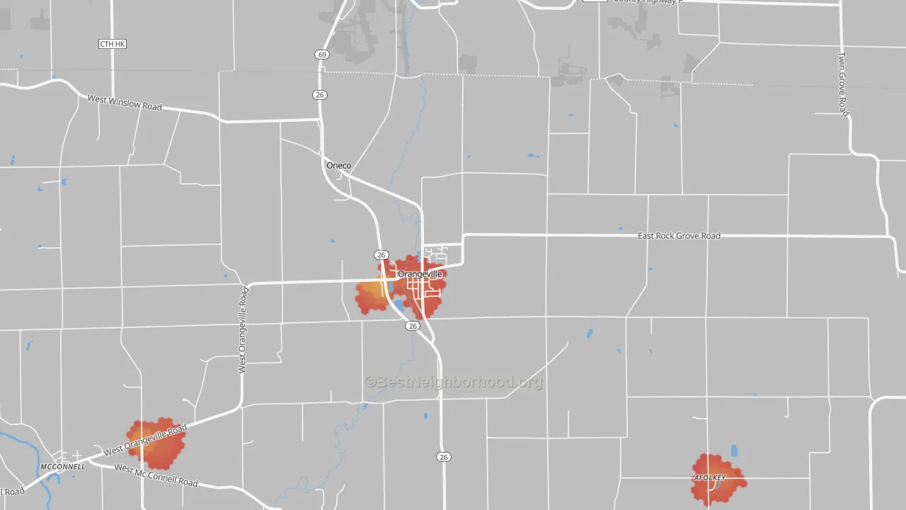 Walk Grade map of 61060, IL, walkable areas in green and car-dependent areas in red