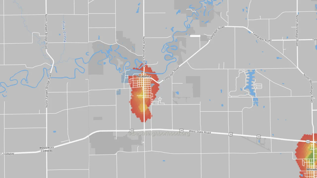 Walk Grade map of 61063, IL, walkable areas in green and car-dependent areas in red